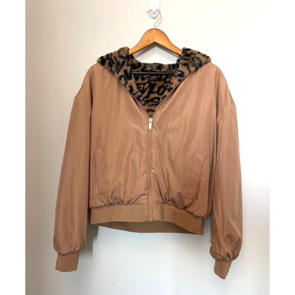 Reversible NY&C Womens Hooded Bomber Jacket With "Leopard" Feaux fur Print & Tan - Picture 2 of 12